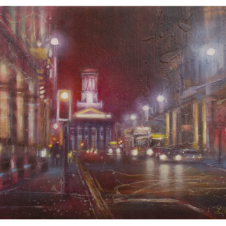 A painting of a vibrant, rainy city street at night with illuminated streetlights and buildings, reflecting on the wet pavement. By Lesley Anne Derks